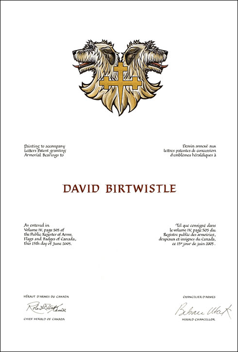 Lettres patentes concédant des emblèmes héraldiques à David Birtwistle