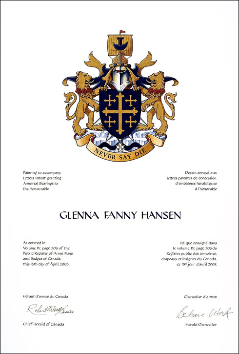 Lettres patentes concédant des emblèmes héraldiques à Glenna Fanny Hansen