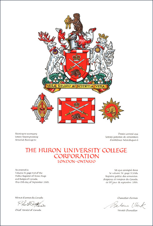 Letters patent granting heraldic emblems to The Huron University College Corporation