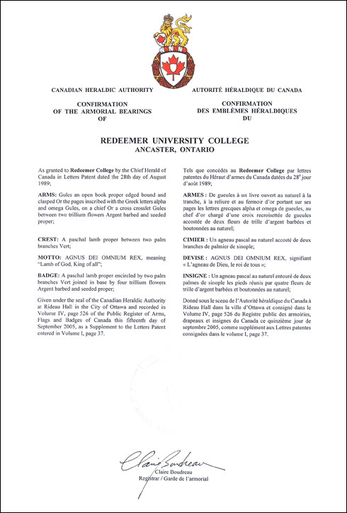 Lettres patentes confirmant les emblèmes héraldiques du Redeemer University College