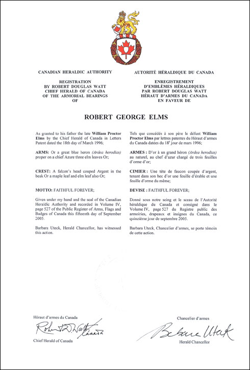 Letters patent registering the heraldic emblems of Robert George Elms