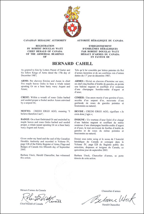 Letters patent registering the Amorial Bearings of Bernard Cahill