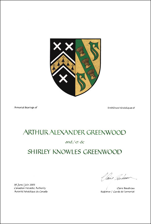 Confirmation du droit d’Arthur Alexander Greenwood de porter des armoiries