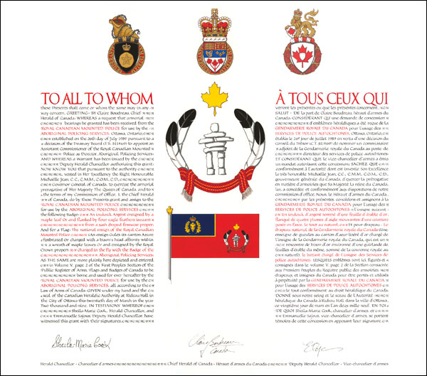 Letters patent granting heraldic emblems to Royal Canadian Mounted Police. Aboriginal Policing Services