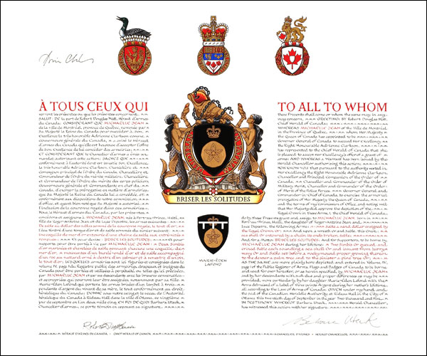 Letters patent granting heraldic emblems to Michaëlle Jean