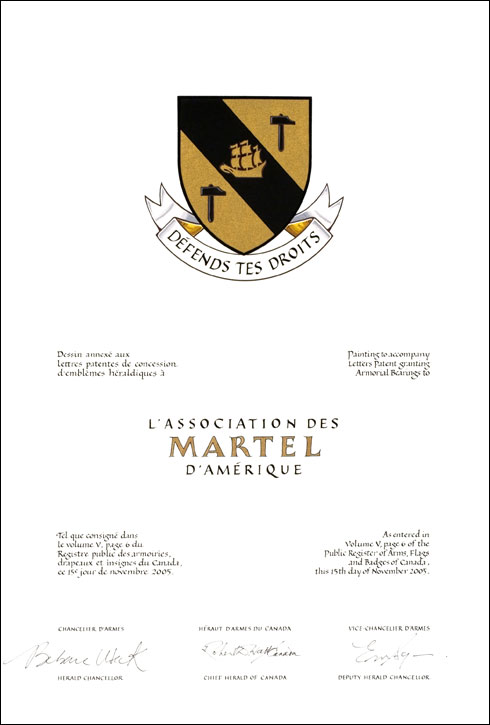 Letters patent granting heraldic emblems to L'Association des Martel d’Amérique