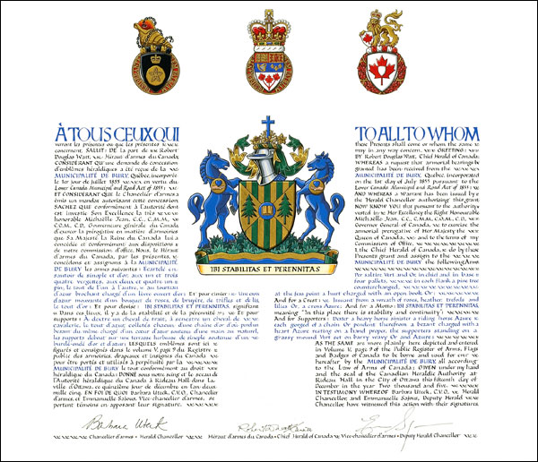 Letters patent granting heraldic emblems to the Municipalité de Bury