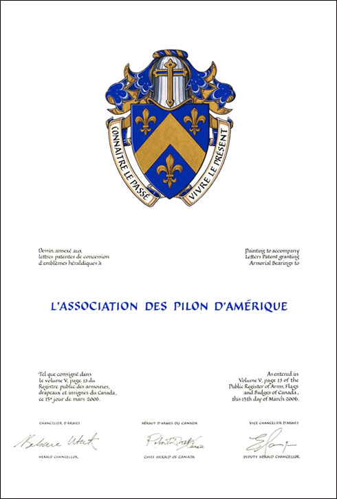 Letters patent granting heraldic emblems to L’Association des Pilon d’Amérique