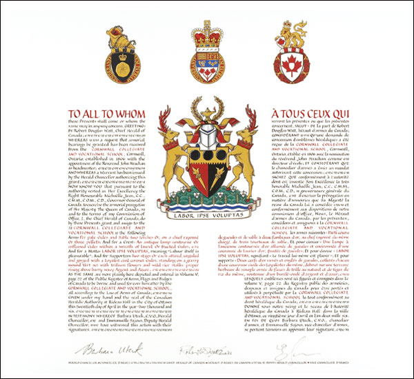 Letters patent granting heraldic emblems to the Cornwall Collegiate and Vocational School