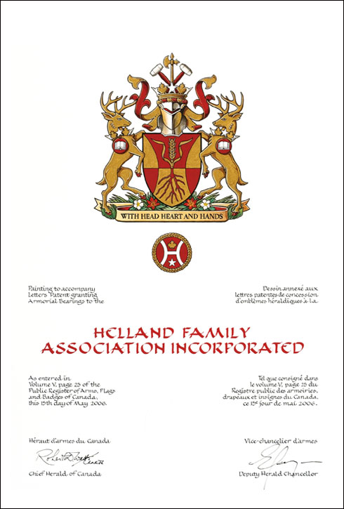 Letters patent granting heraldic emblems to the Helland Family Association Incorporated