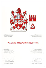 Letters patent granting heraldic emblems to Alexis Theodore Roshuk