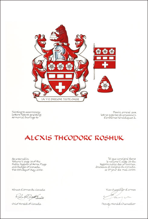 Letters patent granting heraldic emblems to Alexis Theodore Roshuk