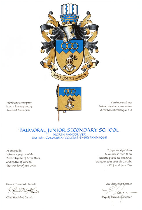 Letters patent granting heraldic emblems to Balmoral Junior Secondary School