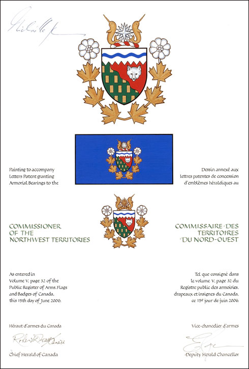 Letters patent granting a Badge and a Flag of Office to the Commissioner of the Northwest Territories