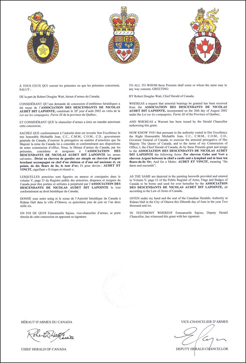 Letters patent granting heraldic emblems to the Association des descendants de Nicolas Audet dit Lapointe