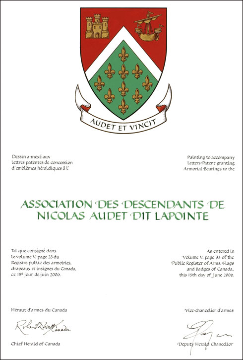 Letters patent granting heraldic emblems to the Association des descendants de Nicolas Audet dit Lapointe