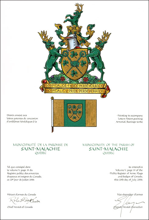 Letters patent granting heraldic emblems to the Municipality of the parish of Saint-Malachie