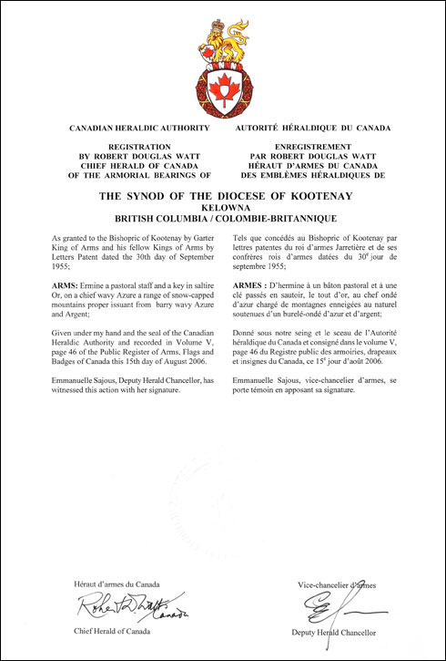 Letters patent registering the heraldic emblems of The Synod of the Diocese of Kootenay