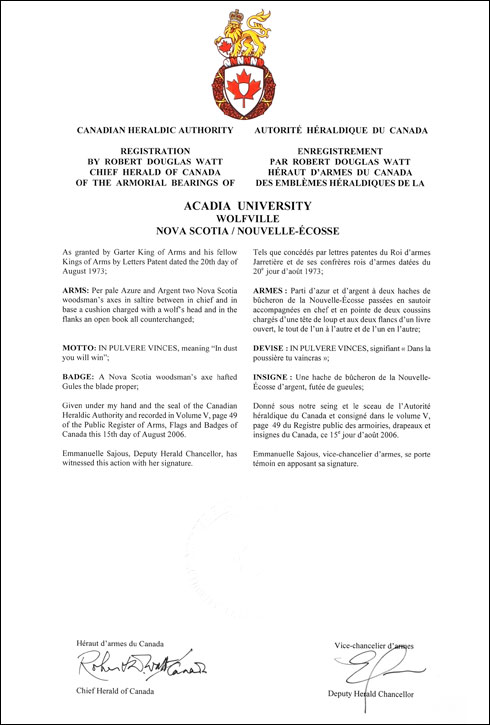 Letters patents registering the heraldic emblems of Acadia University