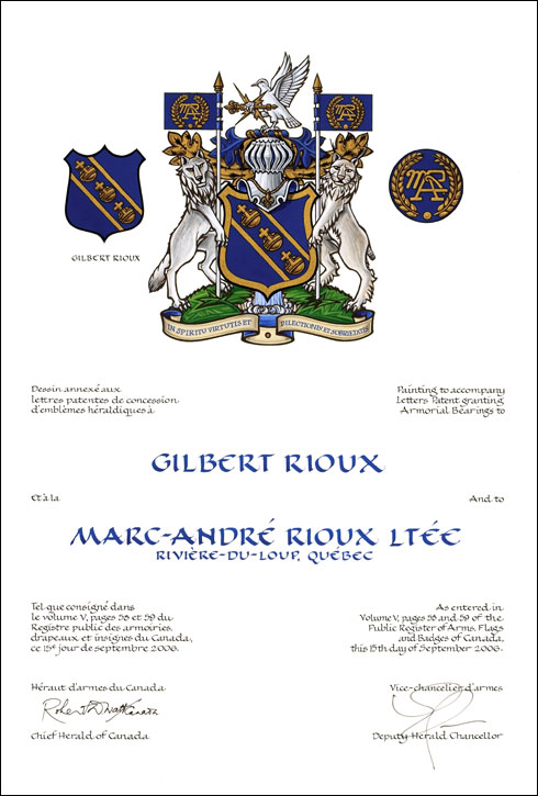 Letters patent granting heraldic emblems to Marc-André Rioux Ltée