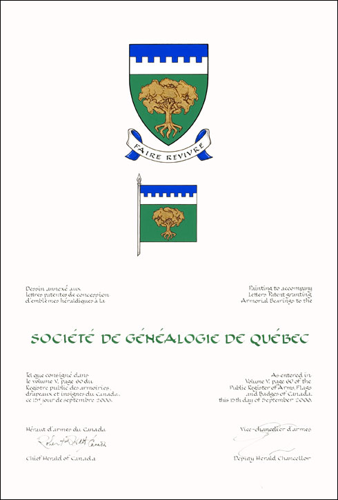 Letters patent granting heraldic emblems to the Société de généalogie de Québec