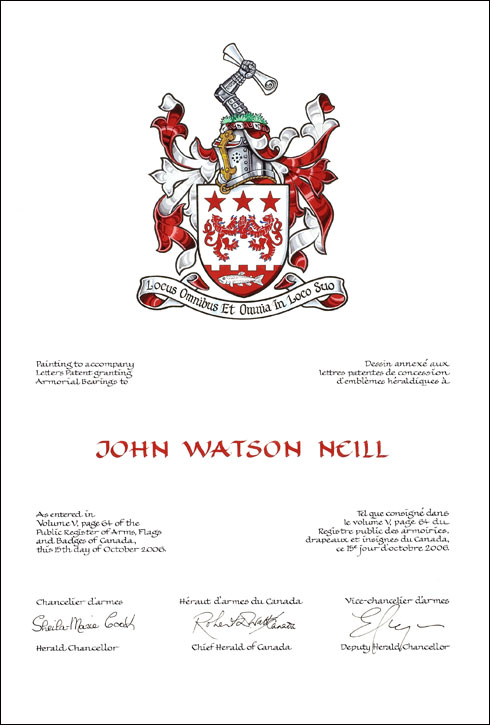 Letters patent granting heraldic emblems to John Watson Neill