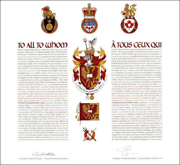 Letters patent granting heraldic emblems to Daniel Richard Stepaniuk