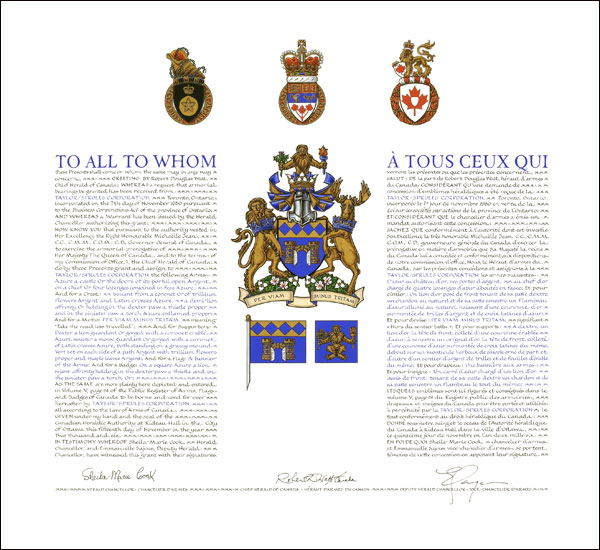 Letters patent granting heraldic emblems to Taylor/Sprules Corporation