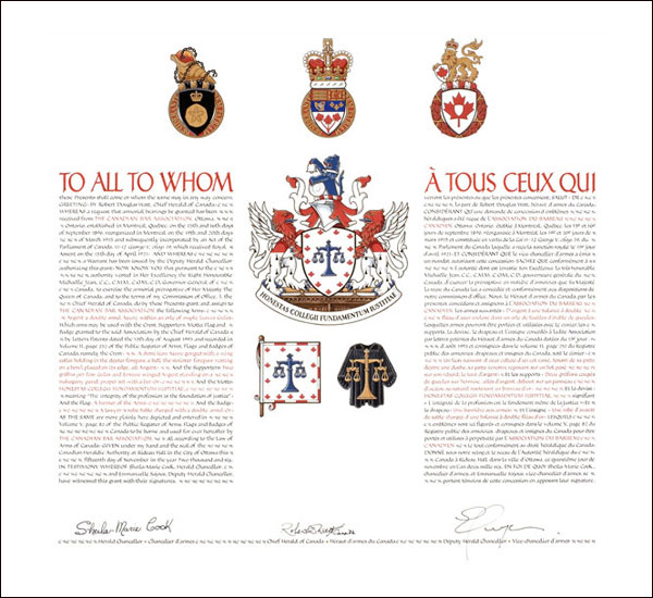 Letters patent granting heraldic emblems to The Canadian Bar Association