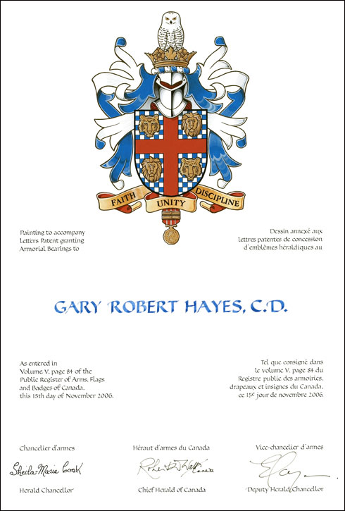 Letters patent granting heraldic emblems to Gary Robert Hayes