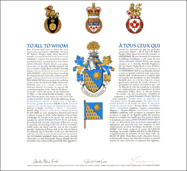 Letters patent granting heraldic emblems to John Edward Digby Reid