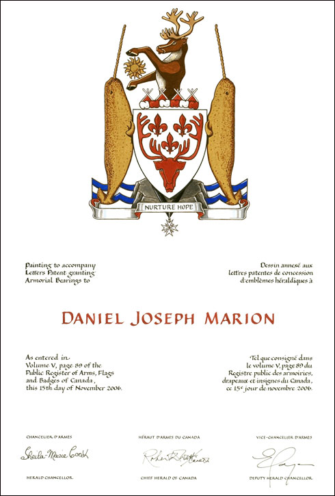 Lettres patentes concédant des emblèmes héraldiques à Daniel Joseph Marion