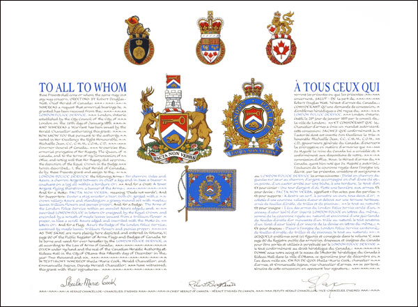 Letters patent granting heraldic emblems to the London Police Service