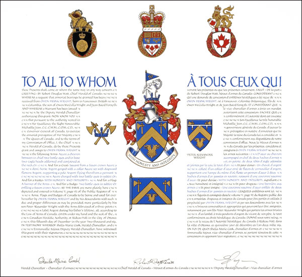 Letters patent granting heraldic emblems to Owen Frank Wright