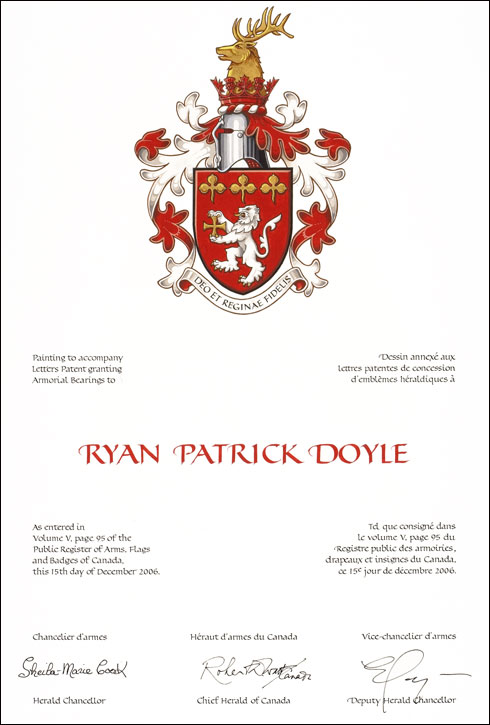 Letters patent granting heraldic emblems to Ryan Patrick Doyle