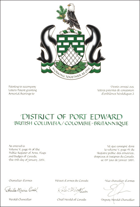 Letters patent granting heraldic emblems to the District of Port Edward