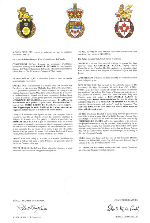 Letters patent granting heraldic emblems to Emmanuelle Sajous