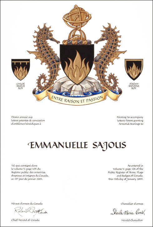 Letters patent granting heraldic emblems to Emmanuelle Sajous