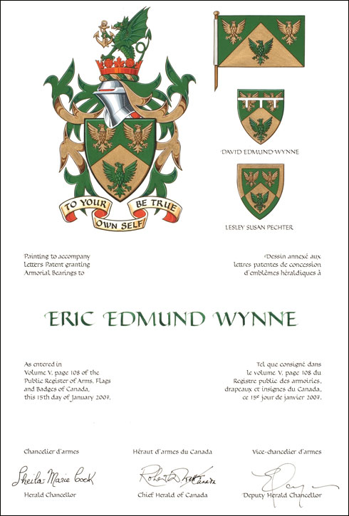 Letters patent granting heraldic emblems to Eric Edmund Wynne