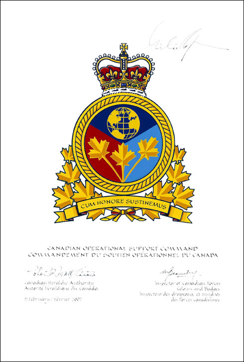 Letters patent approving a Badge for the Canadian Operational Support Command