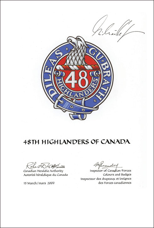 Letters patent approving a Badge for the 48th Highlanders of Canada