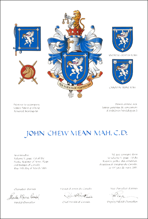 Letters patent granting heraldic emblems to John Chew Mean Mah