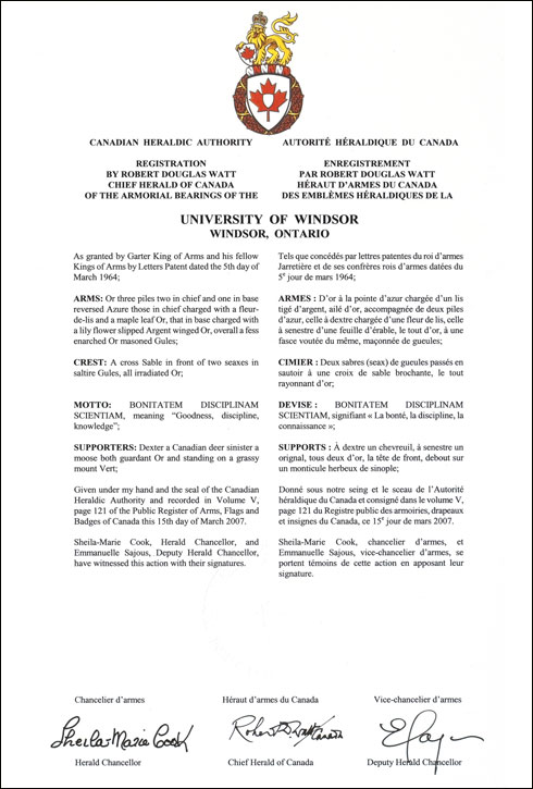 Lettres patentes enregistrant les emblemes héraldiques de la University of Windsor