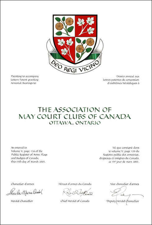 Lettres patentes concédant des emblèmes héraldiques à The Association of May Court Club of Canada