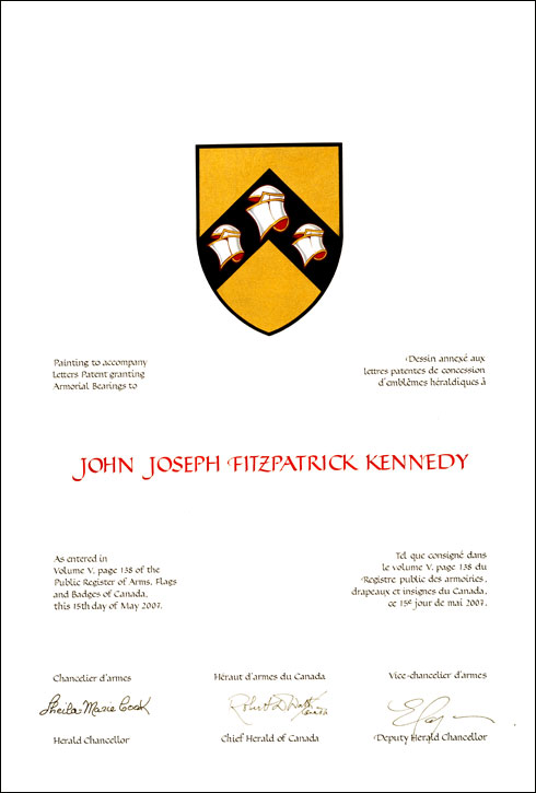 Letters patent granting heraldic emblems to John Joseph Fitzpatrick Kennedy