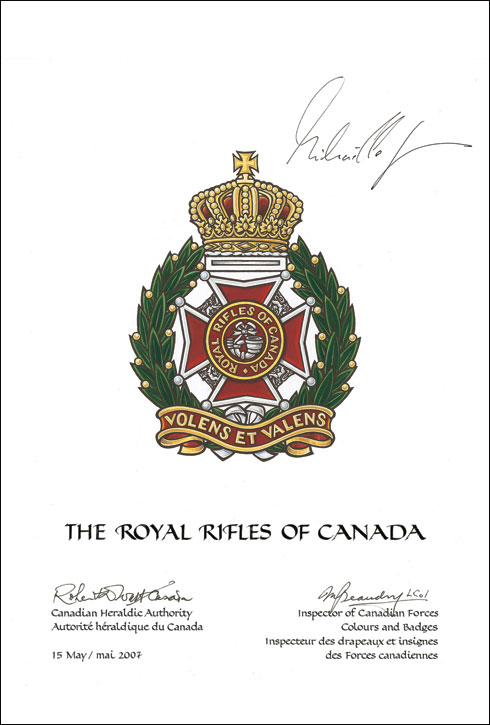 Lettres patentes approuvant un insigne pour The Royal Rifles of Canada