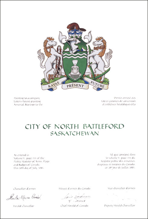 Lettres patentes concédant des emblèmes héraldiques à la City of North Battleford