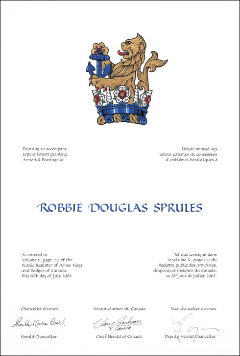 Lettres patentes concédant un cimier à Robbie Douglas Sprules