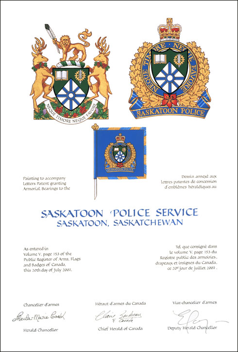 Lettres patentes concédant des emblèmes héraldiques au Saskatoon Police Service