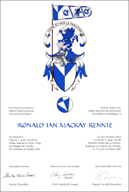 Letters patent granting heraldic emblems to Ronald Ian Mackay Rennie